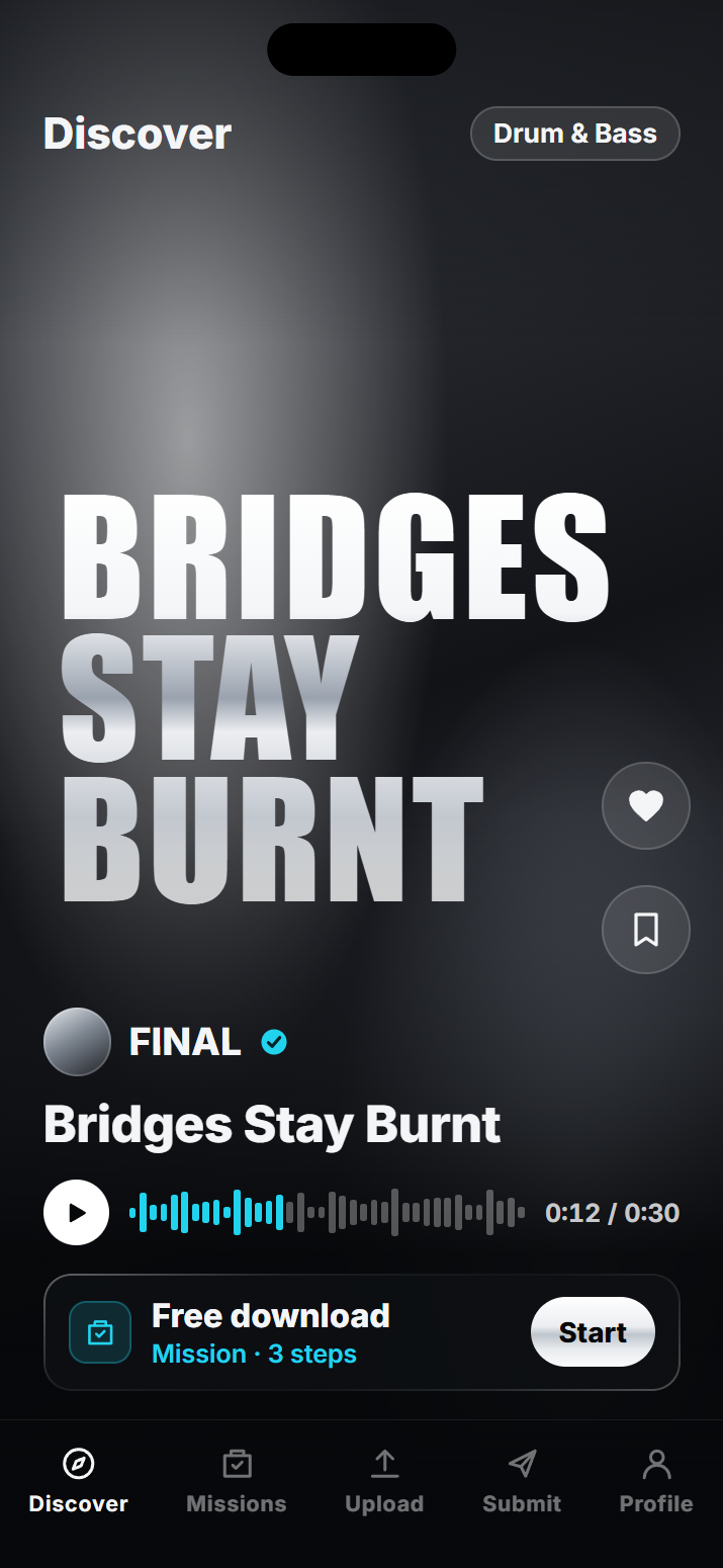 FRACTA Discover: Bridges Stay Burnt by FINAL, full-screen artwork, a 30-second preview and a free-download Mission