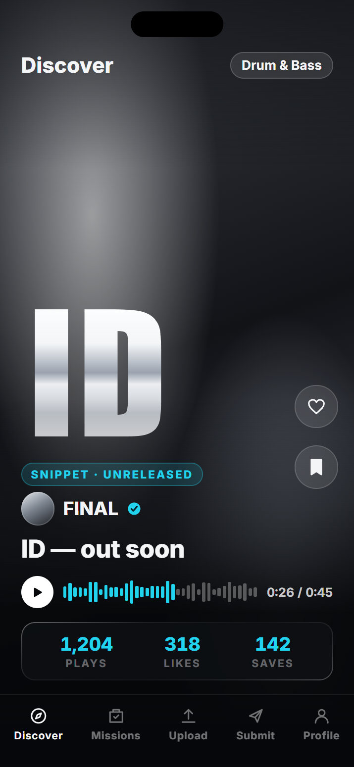 A snippet of an unreleased track on FRACTA: full artwork, a preview player, plays and likes